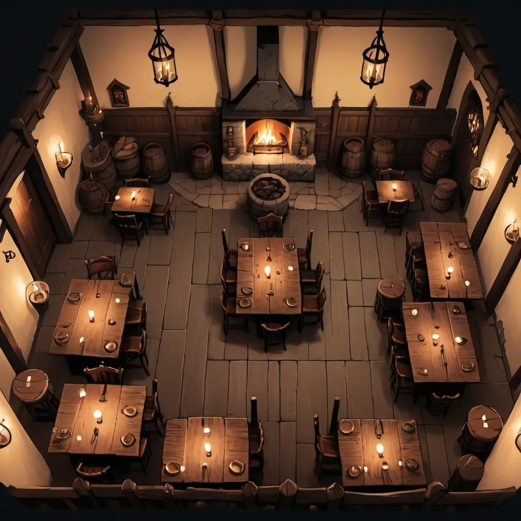 Prompt: Top down view of the interior of a medieval Inn with at least 10 tables and a bar and barstools, fantasy art, dnd, candle lighting, nice fireplace 