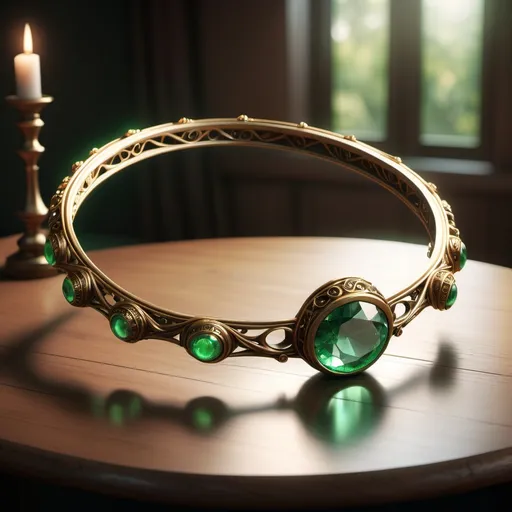 Prompt: hyper-realistic simple circlet infused with magical power placed on a table, just the circlet, green gem,  fantasy character art, illustration, dnd, warm tone