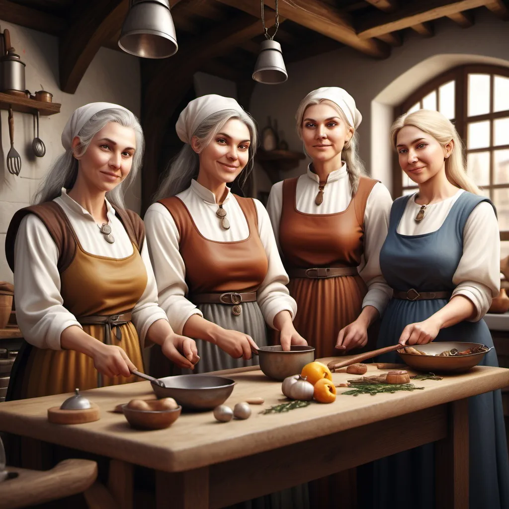 Prompt: hyper-realistic medieval kitchen staff of 4 older women, fantasy character art, illustration, dnd, warm tone