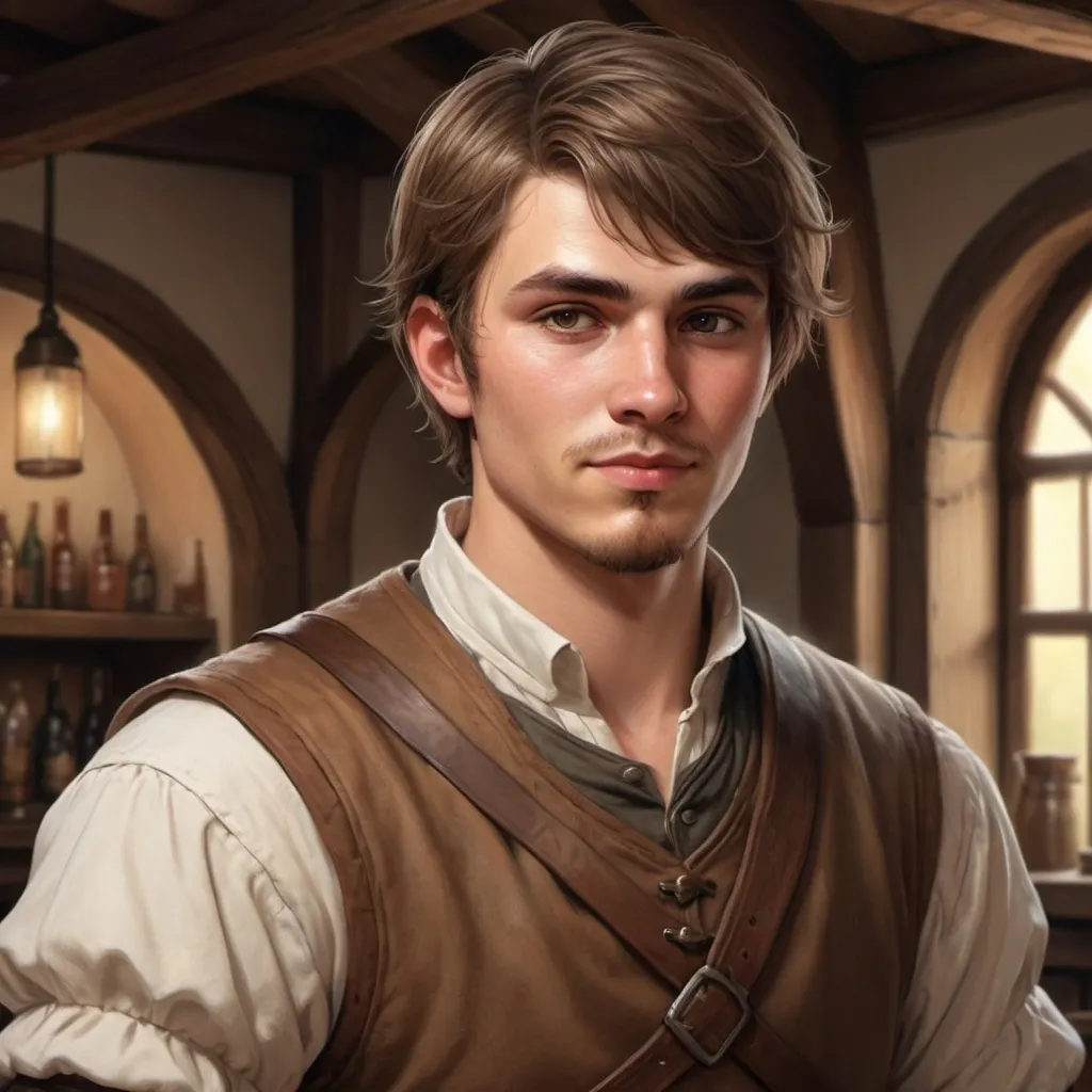 Prompt: hyper-realistic, tavern keeper, short brown hair, he is about 25 years old fantasy character art, illustration, dnd, warm tone