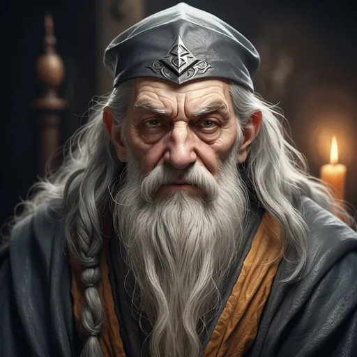 Prompt: hyper-realistic sad old evil wizard, long grey beard, no glasses, fantasy character art, illustration, dnd, warm tone