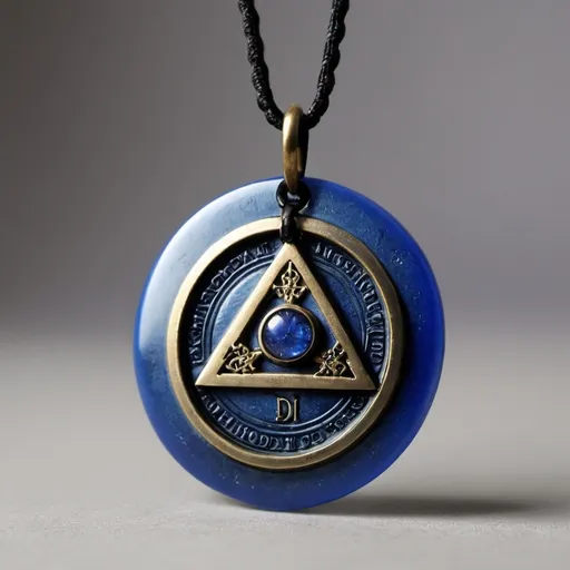 Prompt: Hyper-realistic blue talisman necklace inscribed with +1D6