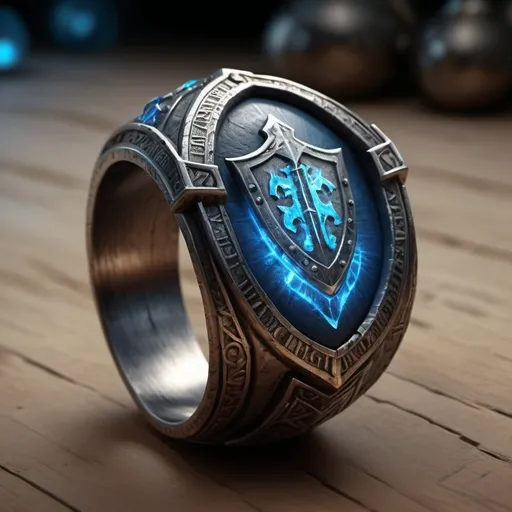 Prompt: hyper-realistic Magical ring with a shield like appearance and a Blue glow , Dwarven inscriptions, character, D&D