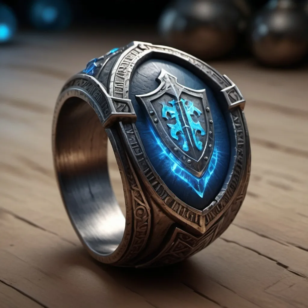 Prompt: hyper-realistic Magical ring with a shield like appearance and a Blue glow , Dwarven inscriptions, character, D&D