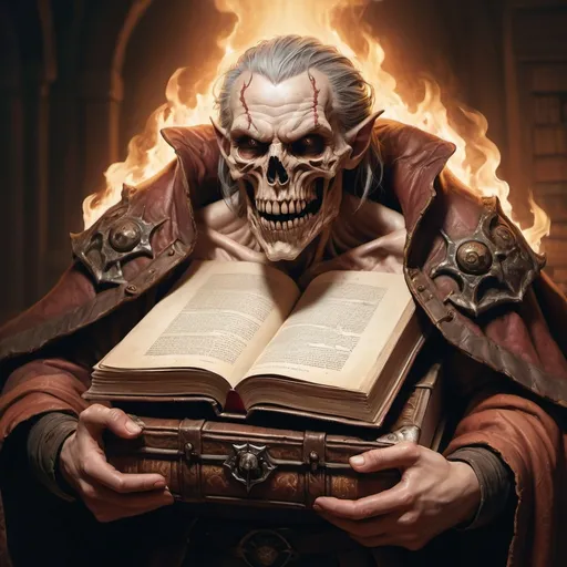 Prompt: hyper-realistic chest full of a cursed book, fantasy character art, illustration, dnd, warm tone