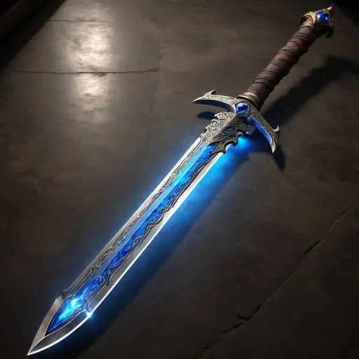 Prompt: hyper-realistic two-handed longsword with a glowing sapphire blade and magical energy , Dwarven inscriptions, character, D&D