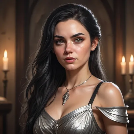 Prompt: hyper-realistic woman with black hair that has a streak of silver over her brow wearinga reagal dress, fantasy character art, illustration, dnd, warm tone