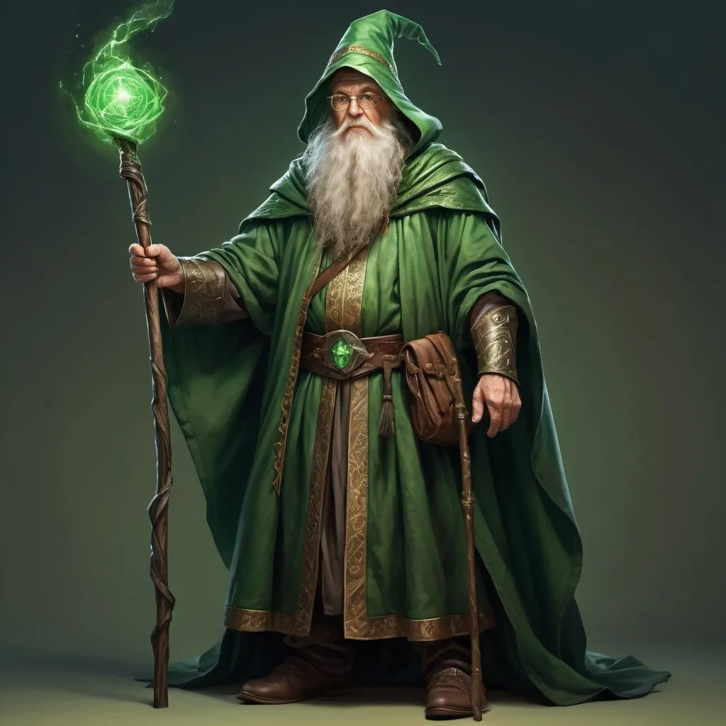 Prompt: hyper-realistic old powerful green robed wizard, large powerful staff, fantasy character art, illustration, dnd, warm tone