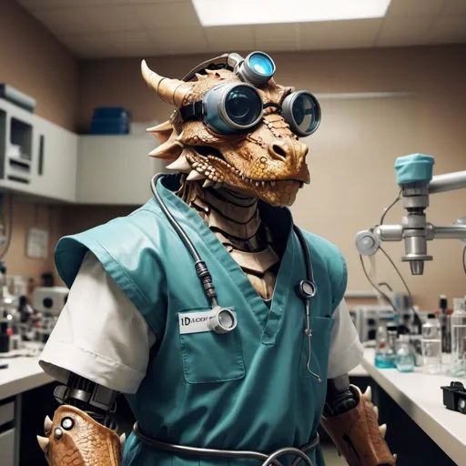 Prompt: hyper-realistic robotic dragonborn, wearing goggles, scrubs and a surgeon's cap, in a robotics laboratory, fantasy character art, illustration, dnd, warm tone