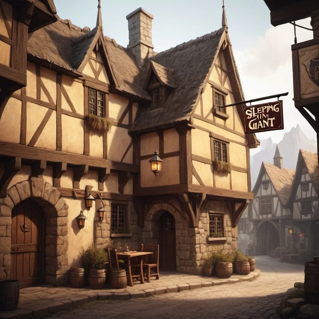 Prompt: hyper-realistic medieval inn with a hanging street sign called the sleeping giant, illustration, dnd, warm tone