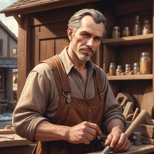 Prompt: Hyper-realistic town carpenter, late 50s man with brown clothing fantasy character art, illustration, dnd, warm tone