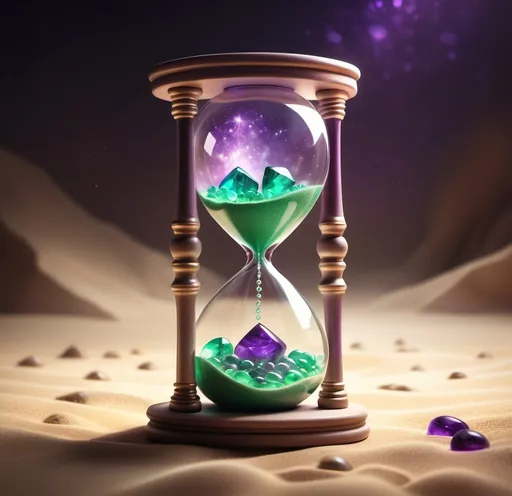 Prompt: hyper-realistic, glass hourglass, magical sands of time, magical energy green and purple, glowing gemstones inside the hourglass, fantasy character art, illustration, dnd, warm tone