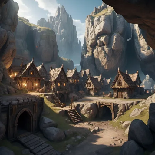 Prompt: small settlement, Dwarven city cut into the rocks, dramatic fantasy settlement scene, cinematic lighting