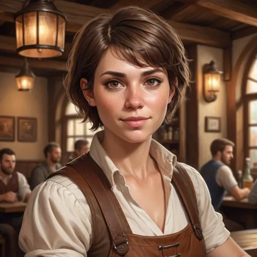 Prompt: hyper-realistic tavern owner, short brown hair fantasy character art, illustration, dnd, warm tone