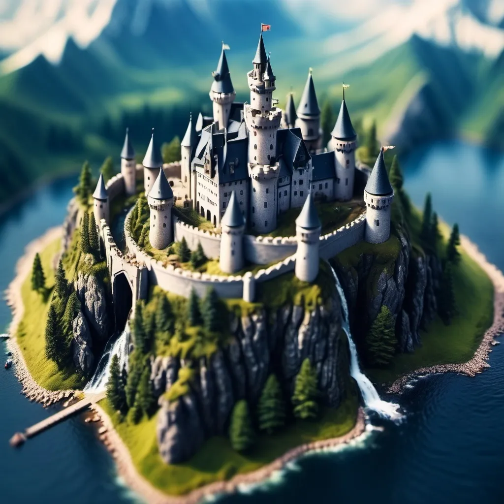 Prompt: aerial view, tilt-shift, isometric miniature world, detailed landscape world render with an evil castle atop a mountain,