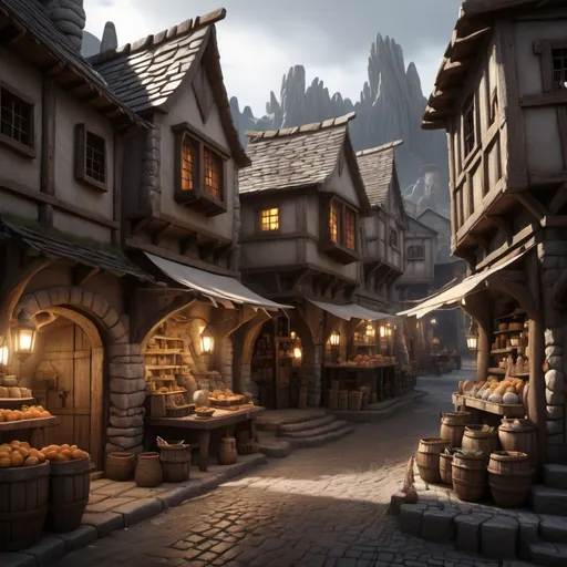 Prompt: small settlement, shops and vendors, stone streets, wooden buildings, dramatic fantasy settlement scene, cinematic lighting