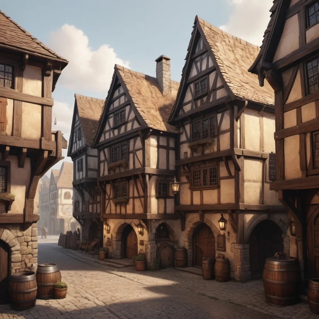 Prompt: hyper-realistic medieval town with some small inns and taverns, fantasy character art, illustration, dnd, warm tone