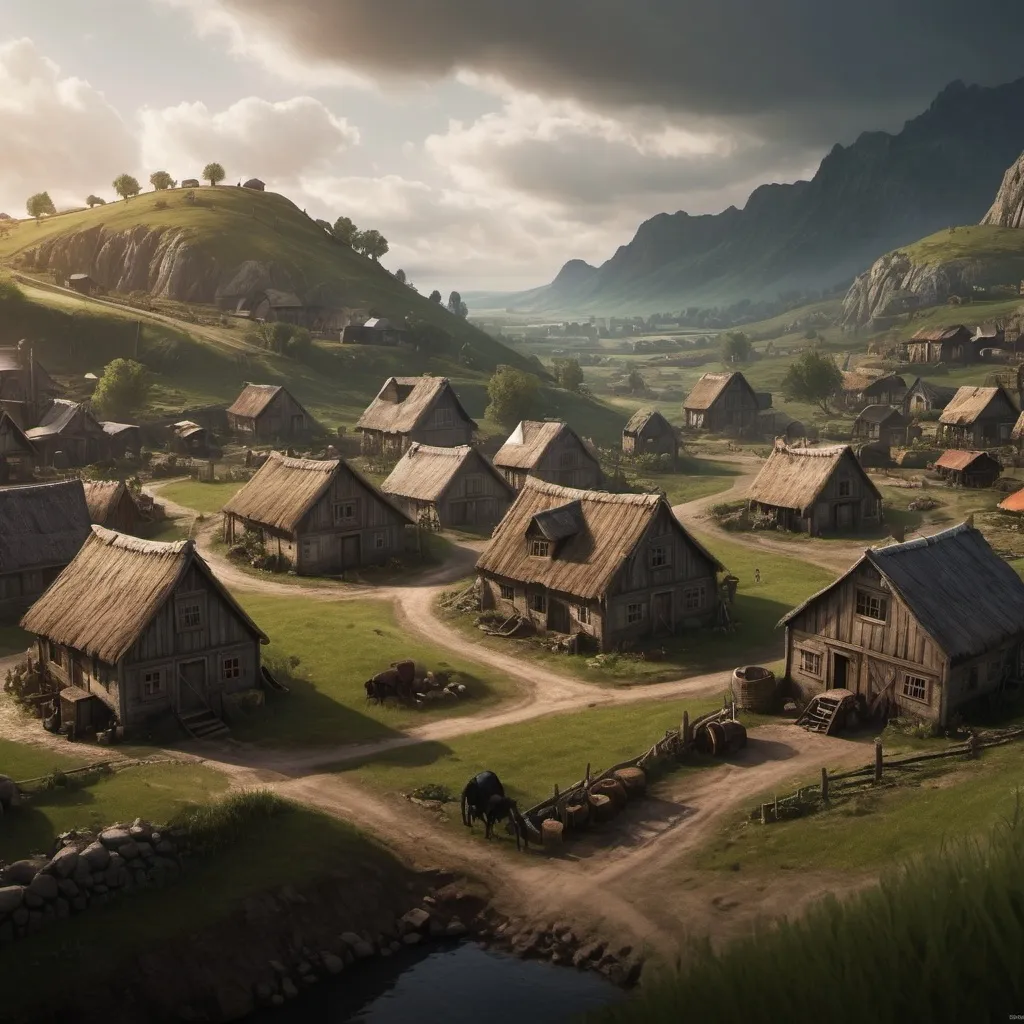 Prompt: small settlement, farms and homes dramatic fantasy settlement scene, cinematic lighting