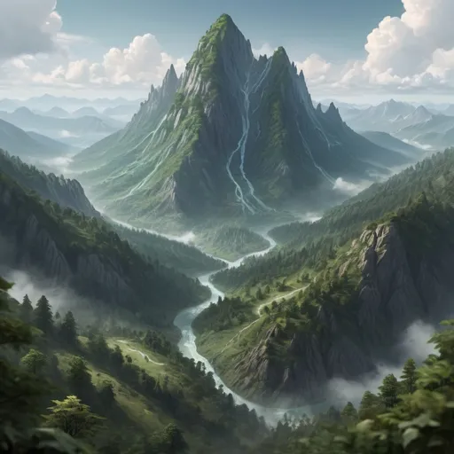 Prompt: Hyper-realistic area view of a forested mountainous continent , fantasy character, D&D