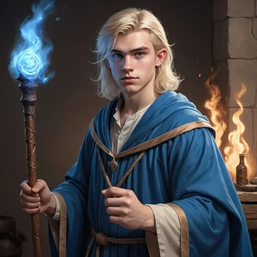 Prompt: hyper-realistic 18 to 20 year old wizard with blue robes and a wooden staff. Clean shaven and blond hair, fantasy character art, illustration, dnd, warm tone