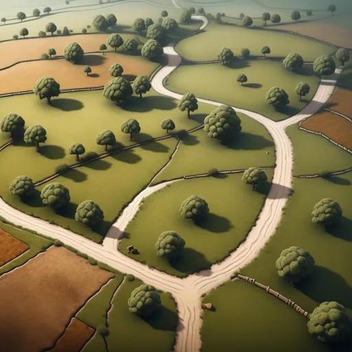 Prompt: hyper-realistic top down map of a countryside with a long dirt road, fantasy character art, illustration, dnd, warm tone