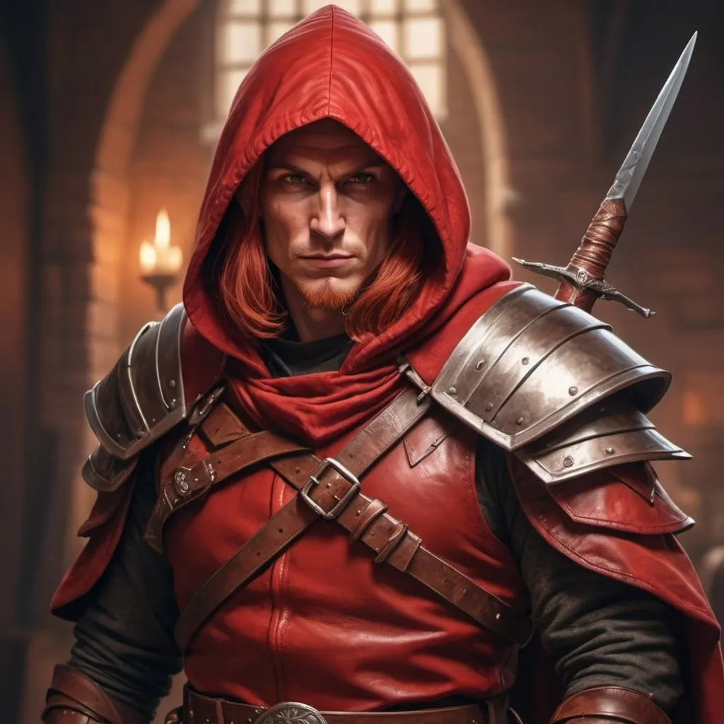 Prompt: hyper-realistic Rouge with red hairand a long pointed nose. Middle-aged with fancy leather armor and a hood. Throwingknivesat his belt, fantasy character art, illustration, dnd, warm tone