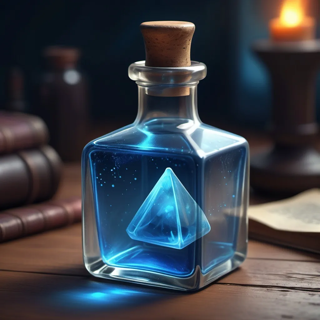 Prompt: hyper-realistic Potion of Magic, square bottle blue in color, fantasy character art, illustration, dnd, warm tone