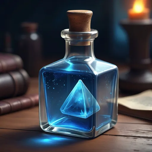 Prompt: hyper-realistic Potion of Magic, square bottle blue in color, fantasy character art, illustration, dnd, warm tone