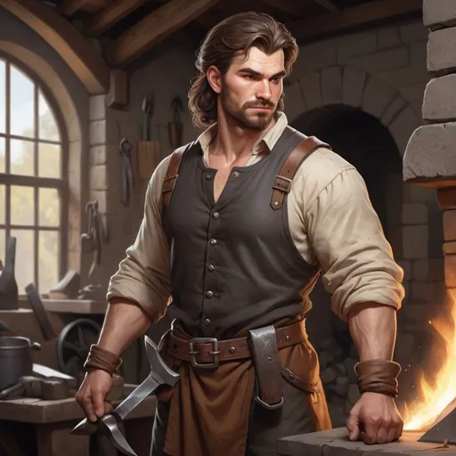 Prompt: hyper-realistic, sturdy blacksmith with brown hair in common clothes fantasy character art, illustration, dnd, warm tone