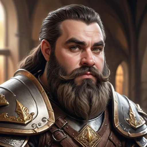 Prompt: hyper-realistic human dwarf prince, human ears, black beard, fancy armor, fantasy character art, illustration, dnd, warm tone