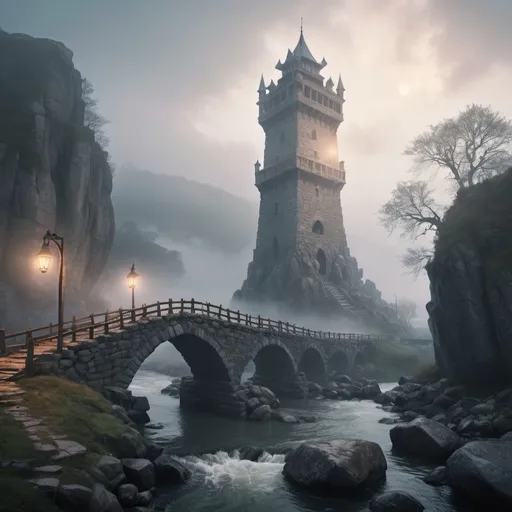 Prompt: Large stone tower, foggy, bridge and river, dramatic fantasy settlement scene, cinematic lighting