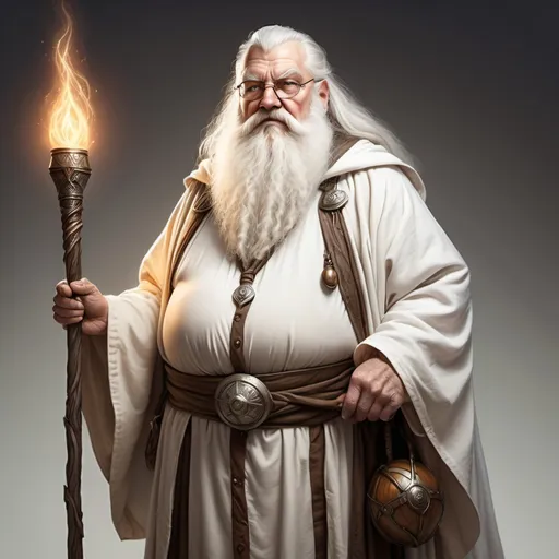 Prompt: hyper-realistic old tall, Fat wizard with white robes. Long white beard and no glasses, tall white powerful staff, fantasy character art, illustration, dnd, warm tone