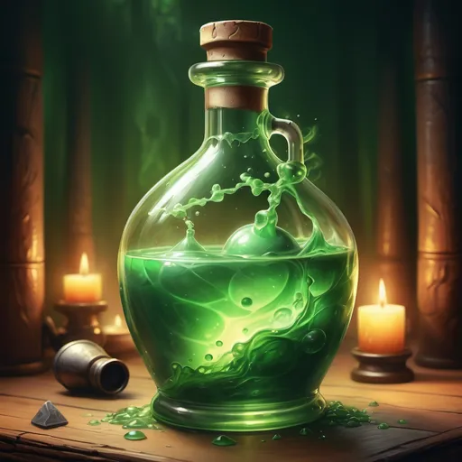 Prompt: hyper-realistic large potion of ultimate Stamina, large green potion, fantasy character art, illustration, dnd, warm tone