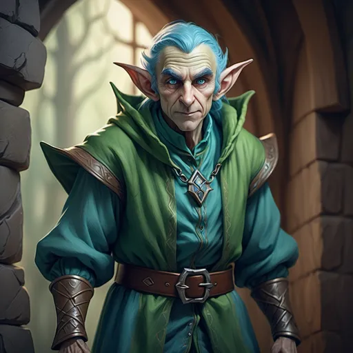 Prompt: hyper-realistic small blue skined older elf with an evil mischievous look and green clothes, full body image fantasy character art, illustration, dnd, warm tone