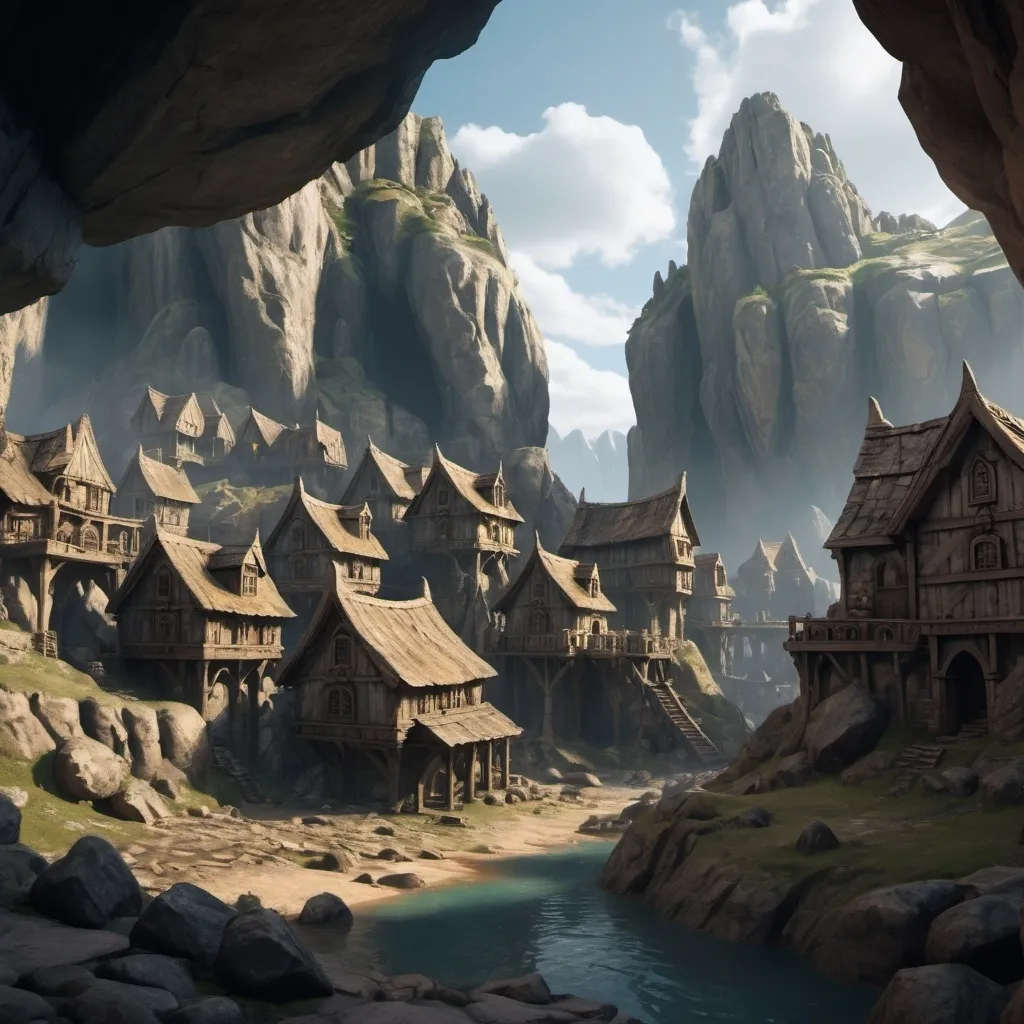 Prompt: small settlement, Dwarven city cut into the rocks, dramatic fantasy settlement scene, cinematic lighting