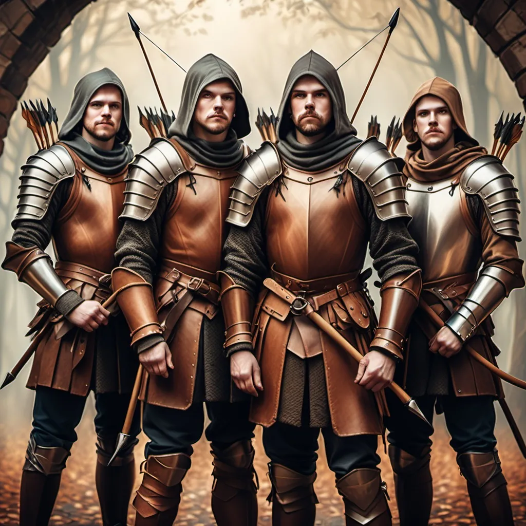 Prompt: hyper-realistic group of English longbow men in leather armor  fantasy character art, illustration, dnd, warm tone