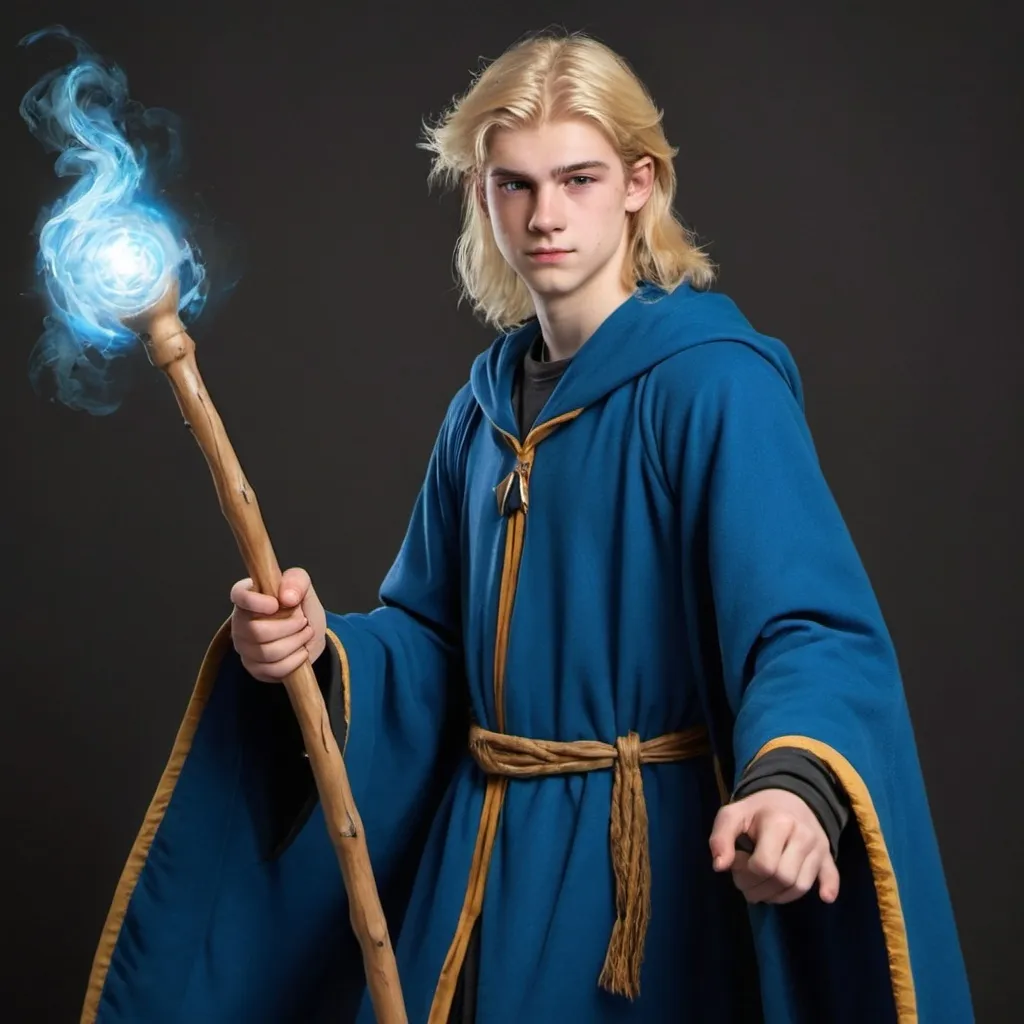 Prompt: 16 to 18 year old wizard with blue robes. He has blond hair no beard and carries a wooden staff.