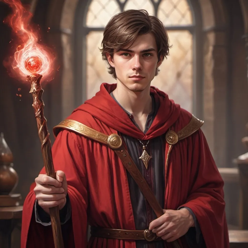 Prompt: hyper-realistic wizard in his 20's. Short brown hair, red colored robes with a powerful staff. illustration, dnd, warm tone