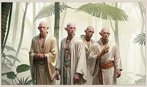 Prompt: hyper-realistic group of hairless men in light silk robes in a jungle, fantasy character art, illustration, dnd, warm tone