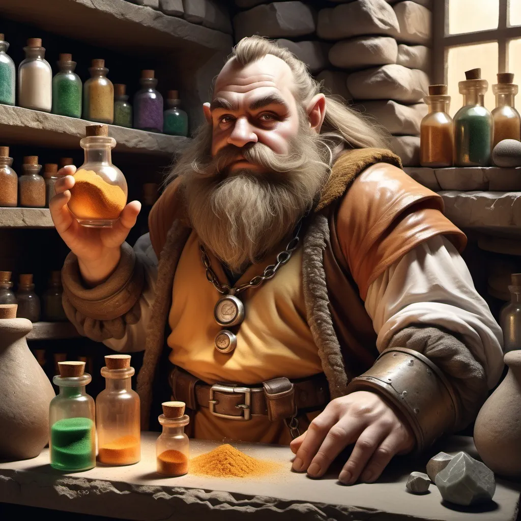 Prompt: hyper-realistic human dwarf alchemist, in a stone study full of bottles and powders, fantasy character art, illustration, dnd, warm tone