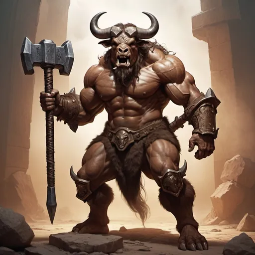 Prompt: hyper-realistic minotaur with a huge war hammer fantasy character art, illustration, dnd, warm tone