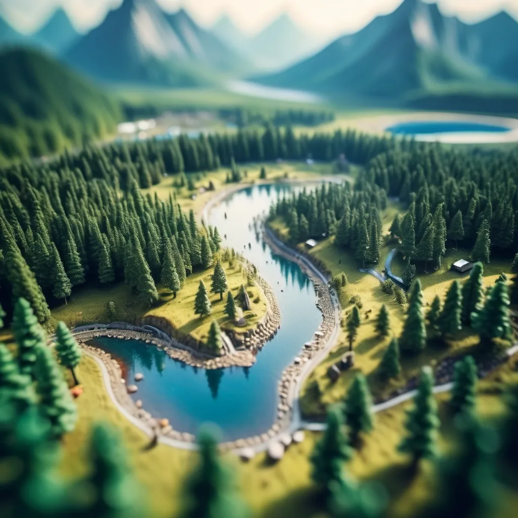 Prompt: aerial view, tilt-shift, isometric miniature world, detailed landscape world render with a forest  leading to mountains with lakes