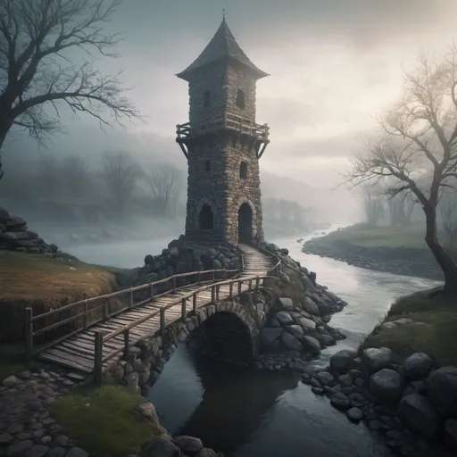 Prompt: small stone tower, foggy, bridge and river, dramatic fantasy settlement scene, cinematic lighting