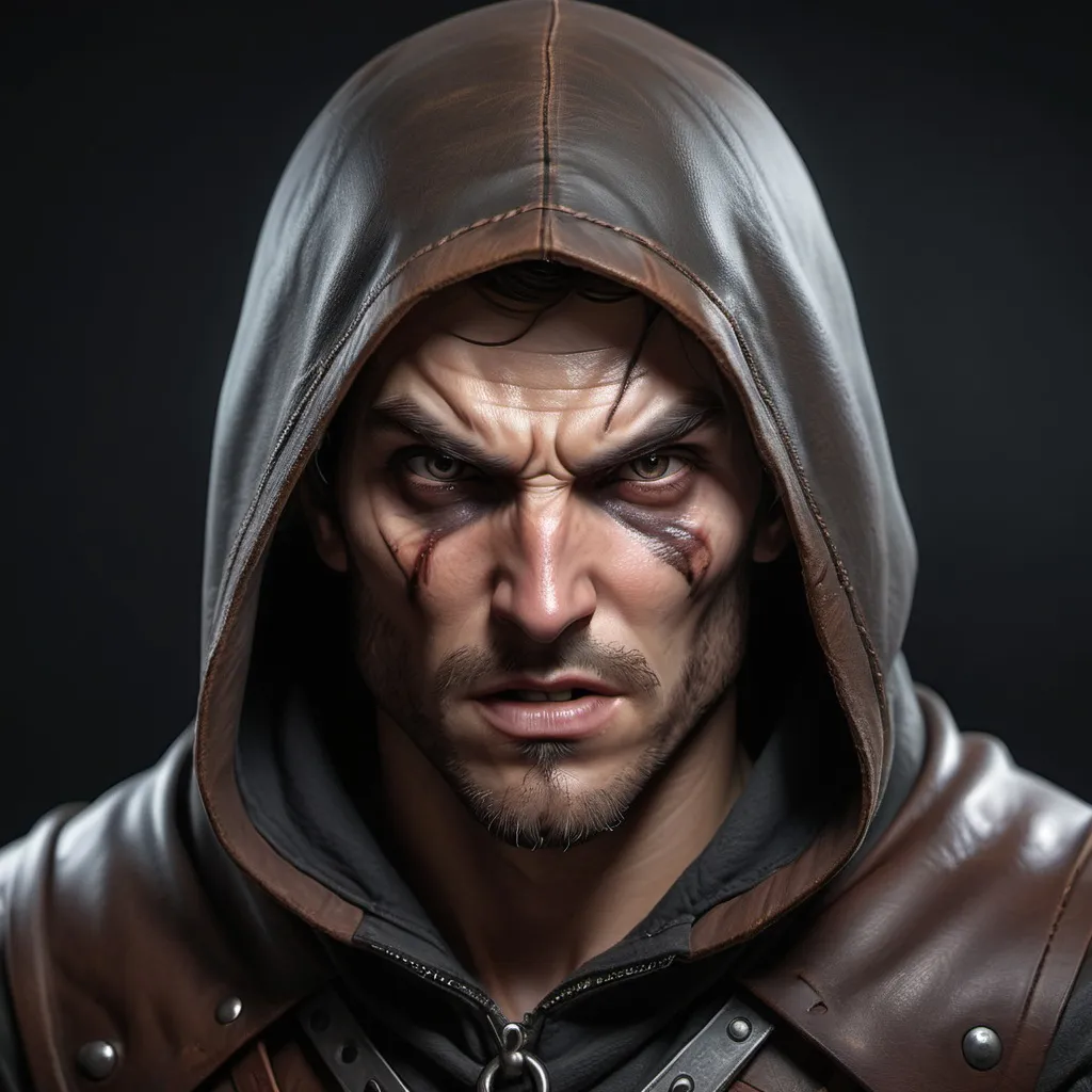 Prompt: Hyper realistic Menacing male rogue with scared face and a leather eye covering.