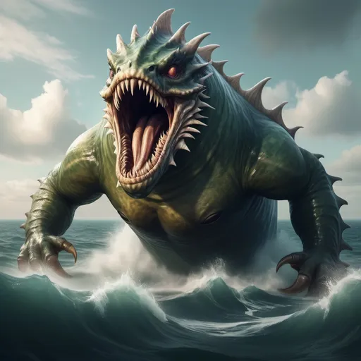 Prompt: hyper-realistic sea monster towering out of the sea, fantasy character art, illustration, dnd, warm tone