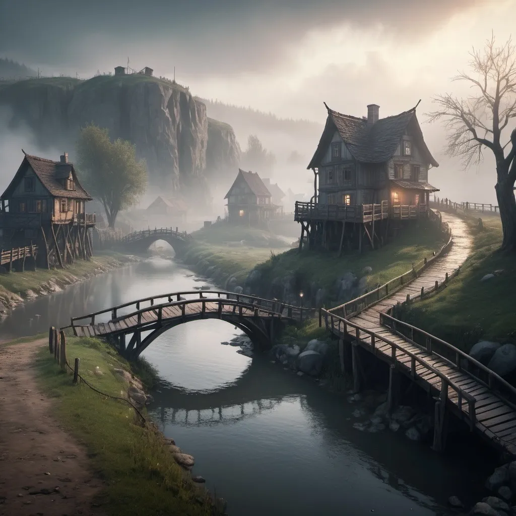 Prompt: small settlement, foggy, bridge and river, dramatic fantasy settlement scene, cinematic lighting