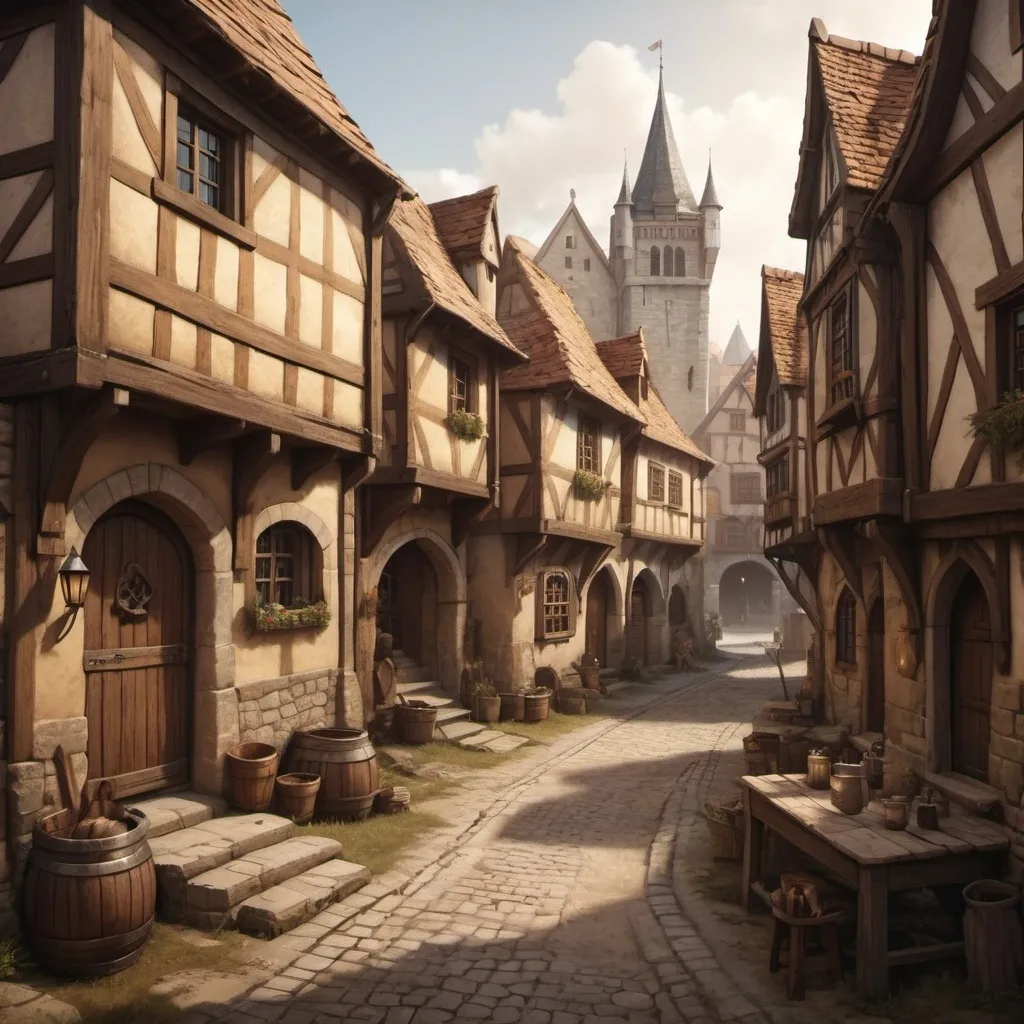 Prompt: hyper-realistic medieval town with dirt streets and small homes, fantasy character art, illustration, dnd, warm tone