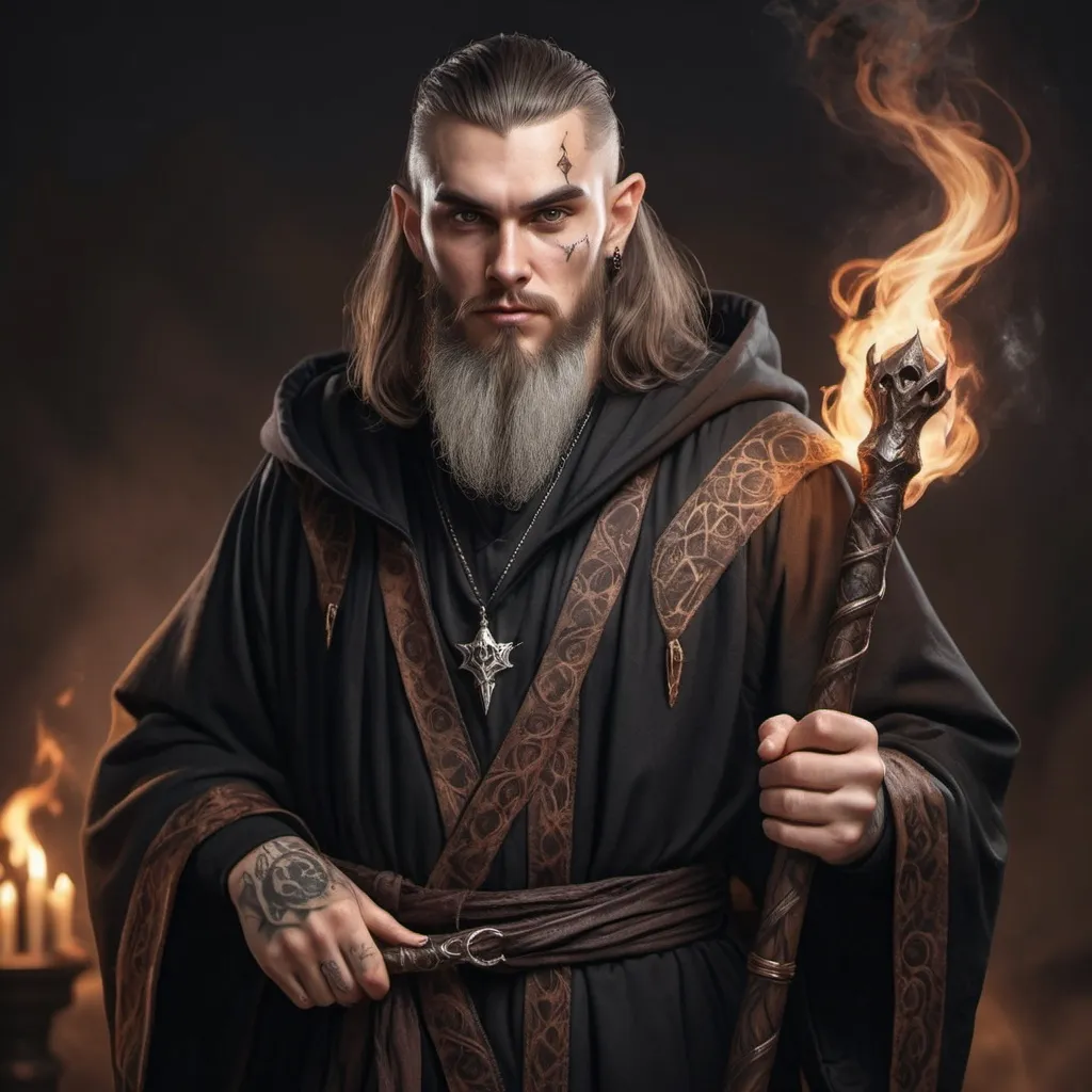 Prompt: hyper-realistic evil wizard in his 20's with black and brown robes, no beard but face tattoos holding a powerful staff, fantasy character art, illustration, dnd, warm tone