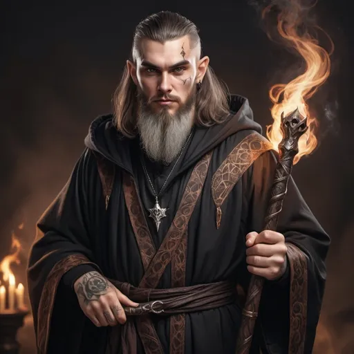 Prompt: hyper-realistic evil wizard in his 20's with black and brown robes, no beard but face tattoos holding a powerful staff, fantasy character art, illustration, dnd, warm tone