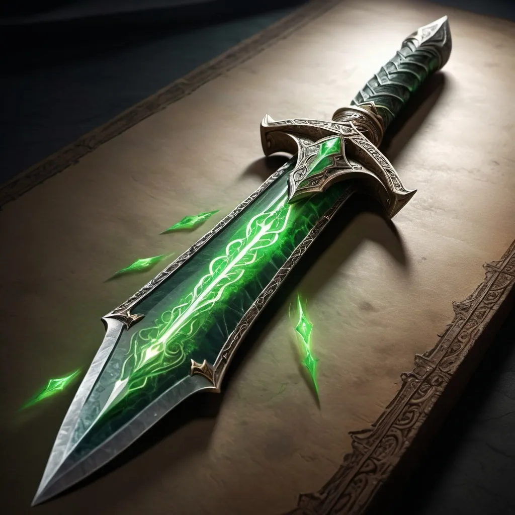 Prompt: hyper-realistic Dagger surging with green magical energy, Dwarven inscriptions, character, D&D